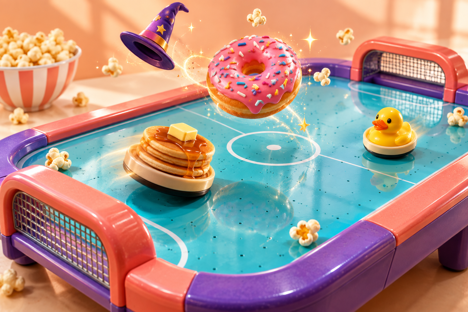 A sprinkled donut, rubber duck and pancake paddle bringing magic to a colorful toy air hockey table